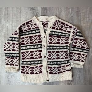 Vintage Handmade Cowichan Fair Isle Wool Sweater – Heavy Knit – Burgundy & Cream